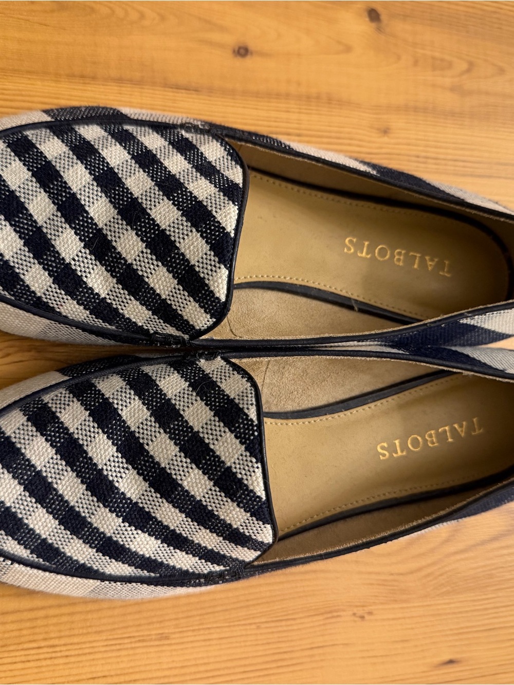 Talbots Navy and White Gingham Loafers with Leather Trim